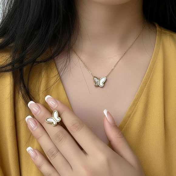 Whimsical Butterfly 18K Gold Plated Stainless Steel Mother Of Pearl Set - Picture 7 of 11